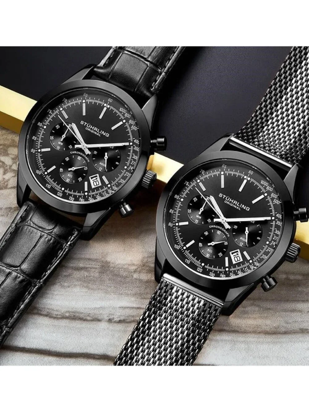 NWT Stuhrling Original Monaco Quartz Black Dial Men's Watch